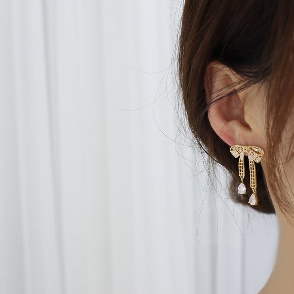 NEW 14K Gold Plated Diamond Bow Drop Earrings - Picture 3 of 5